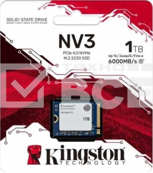 Накопитель SSD Kingston NV3, 1000Gb, M.2(22x30мм), NVMe, PCIe 4.0 x4, 3D TLC, R/W 6000/4000Mb/s, TbW 320, DWPD 0.2 (60 мес)
