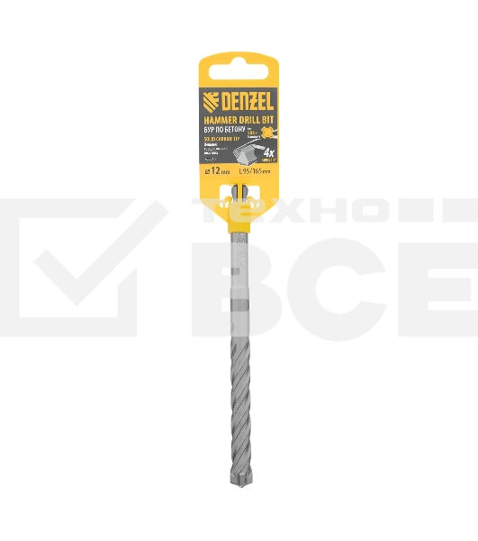Бур по бетону Denzel цельная крестовая пластина, 12x165 мм, SDS PLUS