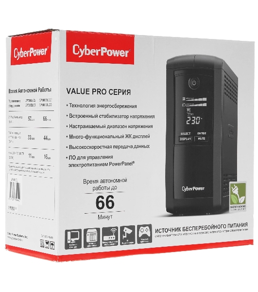 Источник бесперебойного питания CyberPower VP700ELCD/700 ВА/390 Вт/USB/RS-232/RJ-11/RJ-45/4 х CEE 7 (евророзетка)