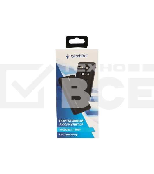 Портативный аккумулятор Gembird GPB-10C, 10000мА·ч, 2A, 4 встроенных кабеля, черный