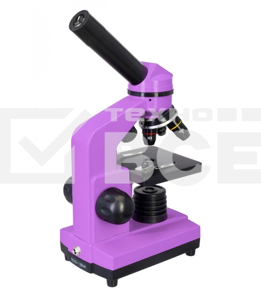 Микроскоп Levenhuk RAINBOW 2L AMETHYST/Аметист Микроскоп с предметным столиком, трехгнездным револьвером, фокусировочным механизмом, двумя источниками света с регулировкой яркости Монокулярная насадка Объективы: 4х, 10х, 40х, Увеличение микроскопа: 64-640