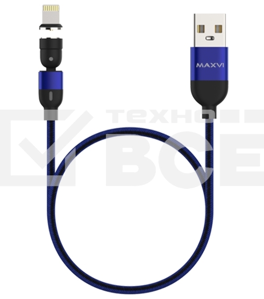 Кабель Maxvi MCm-02L blue, USB-A - Lightning, 2A, магнитный разъем, LED ток макс. нагрузки 2А, макс. напряжение 5V; стандарт USB 2.0; длина 1.5м, нейлоновая оплетка, съемный магнитный коннектор, LED подсветка, синий