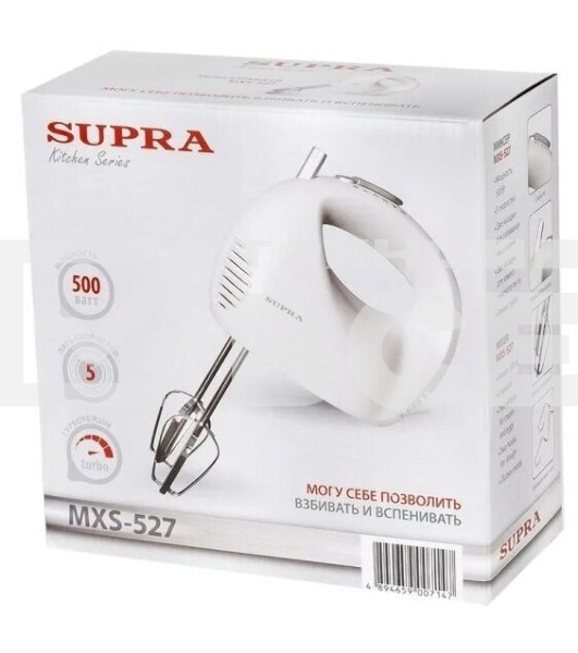Миксер SUPRA MXS-527 500 Вт.Режим Турбо. 5 скоростей. Две насадки: для взбивания яиц и крема и для замеса тяжелого теста. белый.