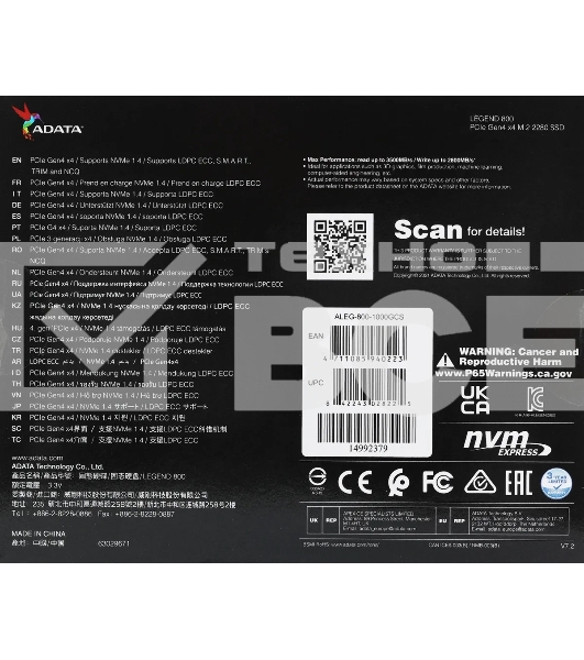 Накопитель SSD ADATA LEGEND 800, 1Tb, PCIe 4.0 x4, M.2 2280, NVMe, R/W 3500/2200, с радиатором