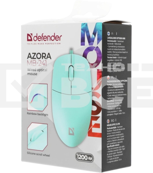 Мышь проводная Defender Azora MB-241 голубой, 1200 dpi, USB, кнопки - 3
