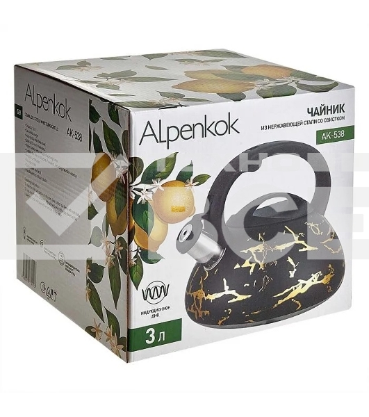 Чайник для плиты ALPENKOK AK-538 из нерж.стали 3л,со свистком,индукционное дно