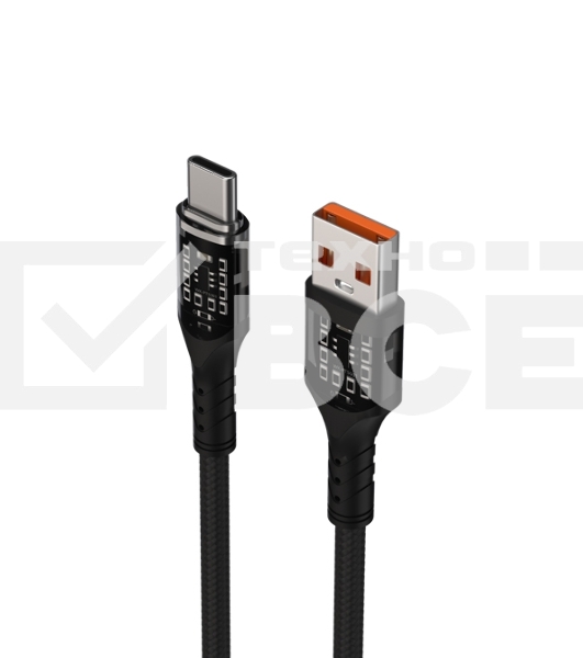 Дата-кабель Maxvi MCw-63T USB-Type-C 3А, прозрачный корпус, LED подсветка, 1м, черный
