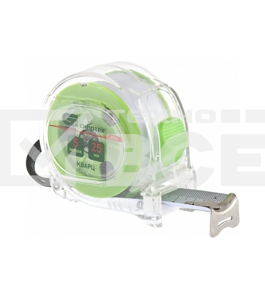 Рулетка Сибртех Кварц, прозрачный корпус, амортизатор, 5 м х 25 мм
