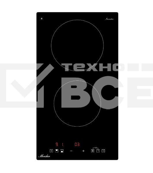 Индукционная варочная панель Monsher MHI 3003, High-Tech, индукция, 30 см, 2 зоны нагрева, inverter, сенсорное управление, 9 уровней мощности, автоматическое отключение, пауза, Booster, таймер, черный