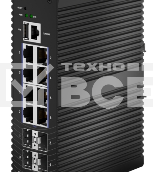 Промышленный коммутатор Fplus FIS-3312TX-D, 8 портов 10/100/1000BASE-T RJ45 PoE 802.3at, 4 порта 10GE SFP+, питание DC 48-57 В, PoE PD до 240 Вт, монтаж на DIN-рейку