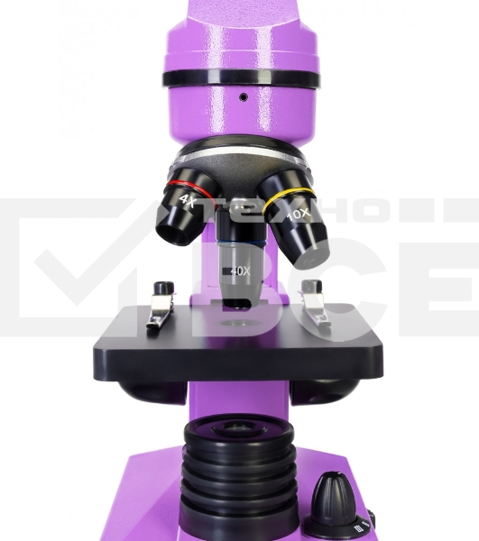 Микроскоп Levenhuk RAINBOW 2L AMETHYST/Аметист Микроскоп с предметным столиком, трехгнездным револьвером, фокусировочным механизмом, двумя источниками света с регулировкой яркости Монокулярная насадка Объективы: 4х, 10х, 40х, Увеличение микроскопа: 64-640
