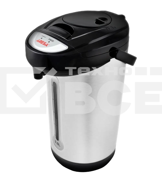 Термопот Aresa AR-4001 '230 В, 50 Гц, 650 Вт, Объем: 3 л Мощность: 650 Вт, Материал корпуса: нержавеющая сталь Материал колбы: нержавеющая сталь Закрытый нагревательный элемент Механическая помпа Поддержание температуры Индикатор уровня воды Индикация режима работы Электронное управление Длина шнура: 1 м 2 температурных режима Блокировка крышки Автоматическое отключение при закипании Защита от перегрева и включения без воды Съемная крышка Съемный шнур Ручка для переноски'