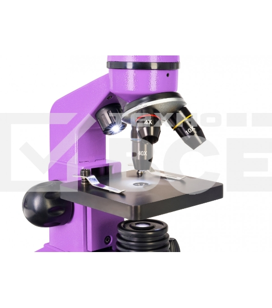 Микроскоп Levenhuk RAINBOW 2L AMETHYST/Аметист Микроскоп с предметным столиком, трехгнездным револьвером, фокусировочным механизмом, двумя источниками света с регулировкой яркости Монокулярная насадка Объективы: 4х, 10х, 40х, Увеличение микроскопа: 64-640