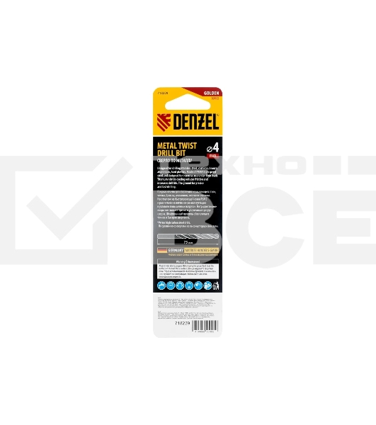 Сверло спиральное по металлу Denzel 4 x 75мм, Р6М5, Golden Tip