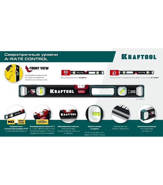 Уровень Kraftool A-RATE CONTROL 1500 мм, сверхпрочный уровень с зеркальным глазком