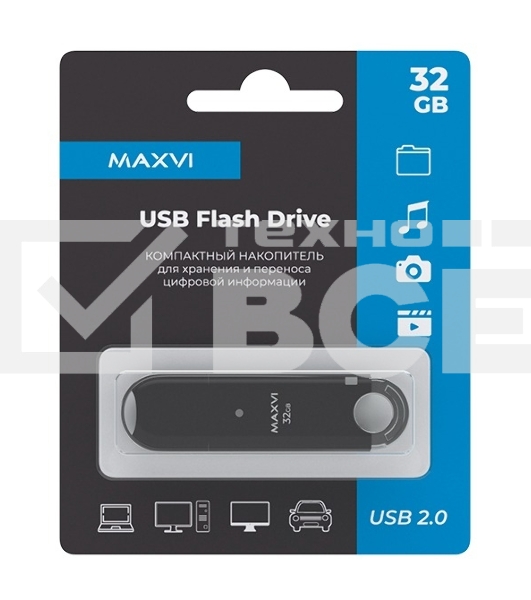 Флеш диск Maxvi P2 32GB USB 2.0 black, монолит с колпачком, ABS пластик