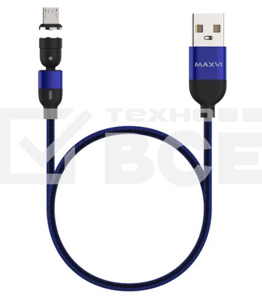 Кабель Maxvi MCm-02M blue, USB-A - MicroUSB, 2A, магнитный разъем, LED ток макс. нагрузки 2А, макс. напряжение 5V; стандарт USB 2.0; длина 1.5м, нейлоновая оплетка, съемный магнитный коннектор, LED подсветка, синий