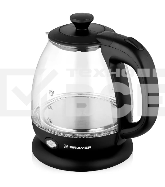 Чайник электрический BRAYER BR6106, 1100 Вт, 1 л, стеклянный, автоотключение, подсветка, черный