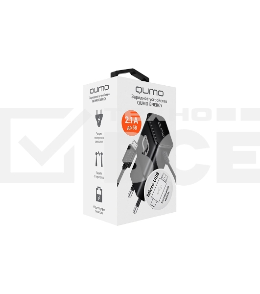 Сетевое зарядное устройство Qumo Energy (Charger 0024) 2.1A, встроенный кабель MicroUSB, черный