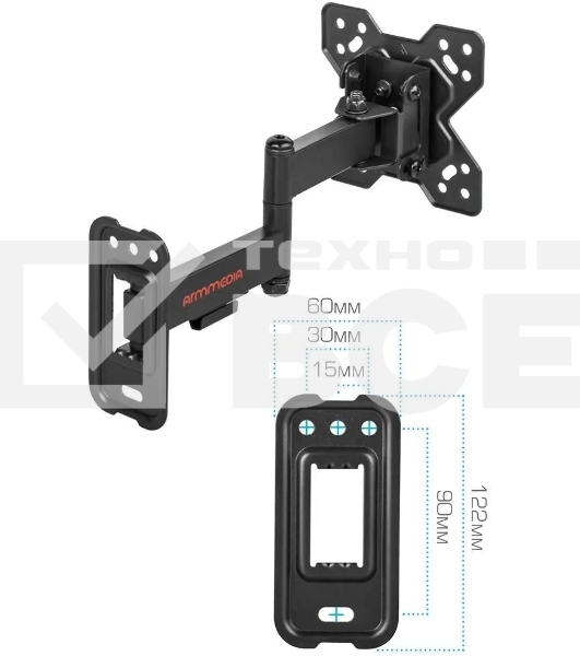 Кронштейн Arm media MARS-6 черный, 10 шт/уп. Кр. стал. настенный для TV 10'-32', max 25 кг, 5 ст св., нак. +5°-15°, пов. ±90° от ст. 62-270 мм. max VESA 100x100 мм.
