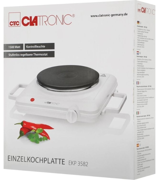 Плита настольная электрическая Clatronic EKP 3582 белый, 1.5 кВт, ТЭН, конфорки - 1, эмаль, поворотные переключатели