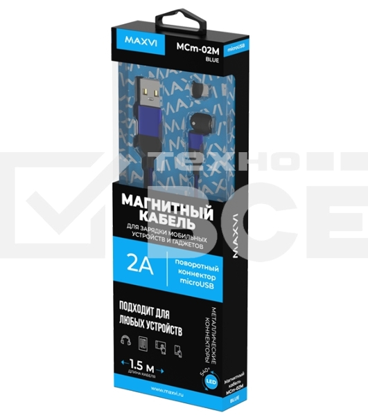 Кабель Maxvi MCm-02M blue, USB-A - MicroUSB, 2A, магнитный разъем, LED ток макс. нагрузки 2А, макс. напряжение 5V; стандарт USB 2.0; длина 1.5м, нейлоновая оплетка, съемный магнитный коннектор, LED подсветка, синий
