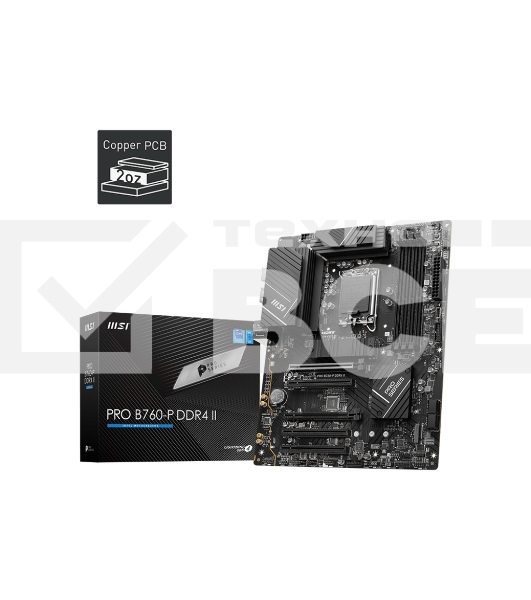 Материнская плата MSI PRO B760-P DDR4 II, LGA 1700, Intel B760, 4xDDR4, 4xSATA, 2xM.2, 1xPCIe 4.0 x16, 1xPCIe 4.0 x4, 3xPCIe 3.0 x1, 1xHDMI, 1xDP, 1x 2.5Gb LAN, 2xUSB-A 2.0, 2xUSB-A 3.2 Gen 1, 1xUSB-C 3.2 Gen 2, 5x3.5 мм, 7.1, ATX