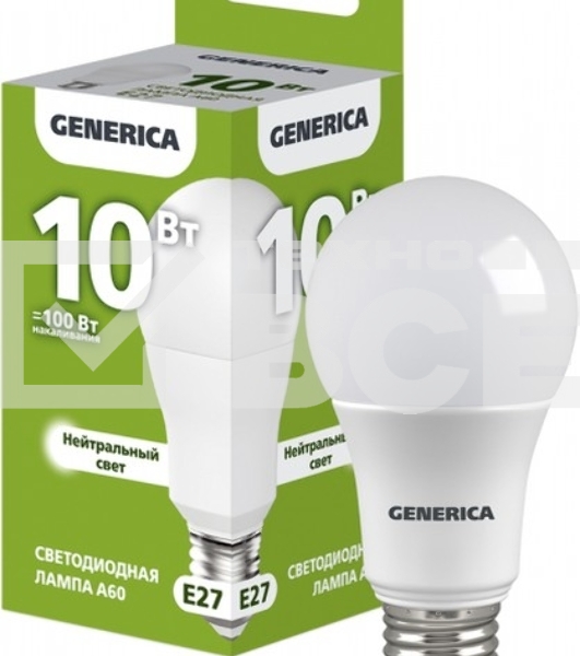 Лампа светодиодная A60 груша 10Вт 230В 4000К E27 GENERICA