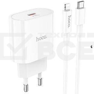 Блок питания (сетевой адаптер) HOCO C94A Metro 1xUSB-C с кабелем Type-C-Lightning, 3.0A, 20W, белый