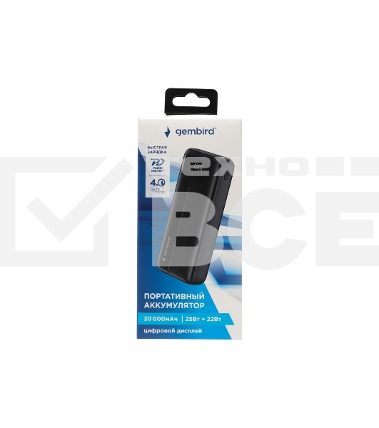 Портативный аккумулятор Gembird GPB-20Q, 20000мА·ч, QC/PD, дисплей, черный