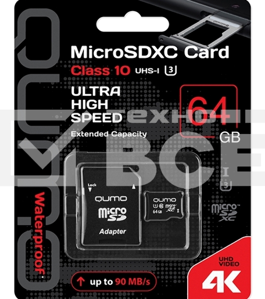 Флеш карта QUMO MicroSDXC 64Gb Class 10 UHS-I U3 черный adp