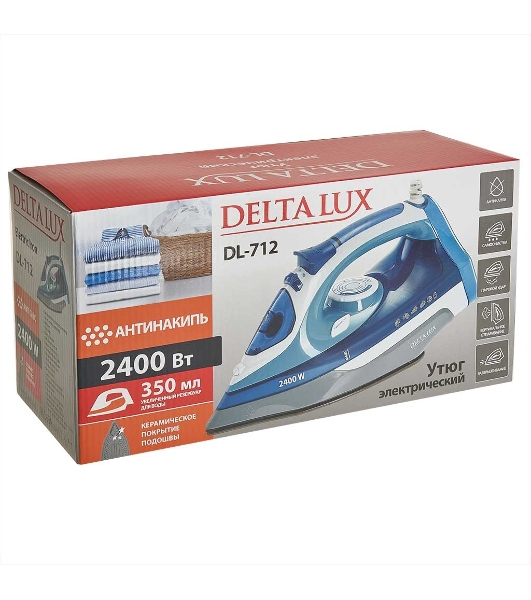 Утюг Delta LUX DL-712 белый с серо-голубым, 2400 Вт, 30 г/мин, 150 г/мин, 350 мл