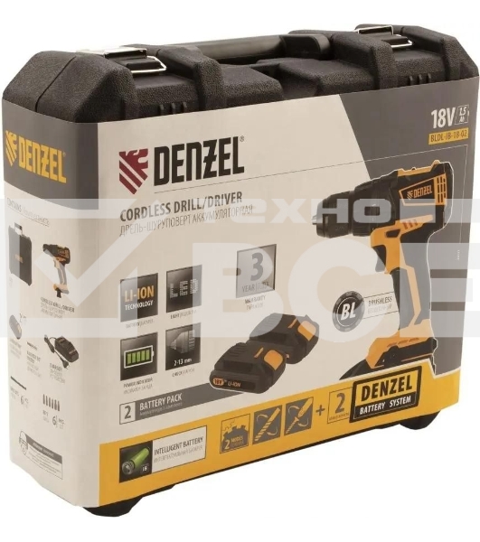 Дрель-шуруповерт аккумуляторная Denzel BLDL-IB-18-02, 18В, 2 АКБ, Кейс