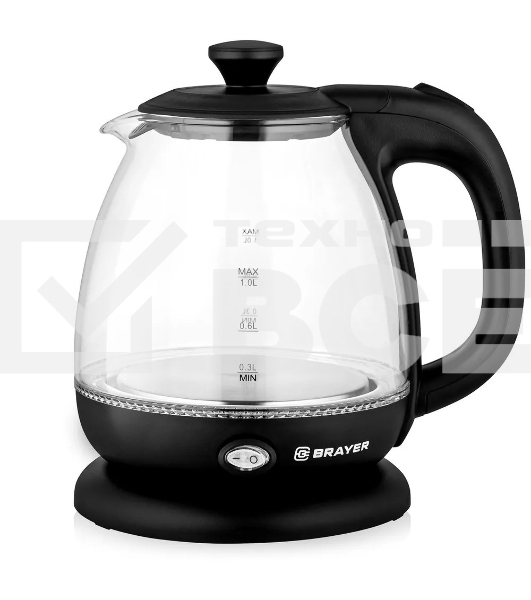 Чайник электрический BRAYER BR6106, 1100 Вт, 1 л, стеклянный, автоотключение, подсветка, черный
