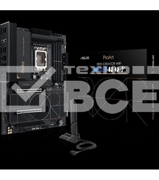 Материнская плата ASUS ProArt Z890-CREATOR WIFI, LGA 1851, Intel Z890, 4xDDR5, 4xSATA, 5xM.2, 2xPCIe 5.0 x16, 1xPCIe 4.0 x16, 1xHDMI, 1xDP, 1x 10Gb LAN, 1x 2.5Gb LAN, 2xUSB-C 10Gbps, 6xUSB-A 10Gbps, 1xUSB-A 2.0, 7.1, ATX