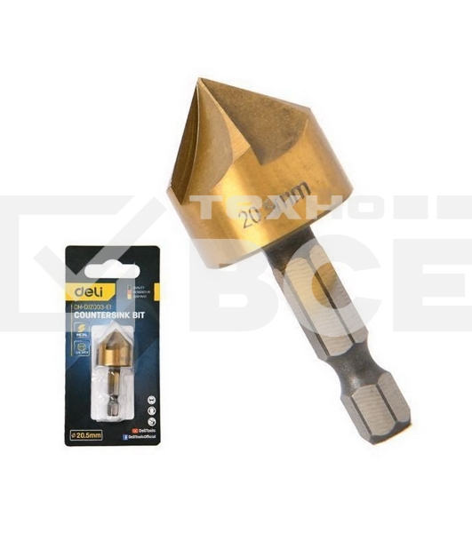 Зенковка конусная под М10 по металлу/дереву/пластику Deli DH-DJZ003-E1 20,5 мм, сталь HSS, угол заточки 90 град., шестигранный хвостовик