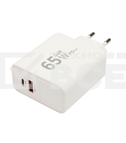 Зарядное устройство Cablexpert MP3A-PC-50, 65Вт GaN, быстрая зарядка QC4.0/PD3.0, 2 порта: USB и Type-C, белый, коробка