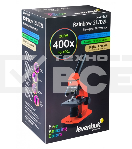 Микроскоп Levenhuk RAINBOW 2L AMETHYST/Аметист Микроскоп с предметным столиком, трехгнездным револьвером, фокусировочным механизмом, двумя источниками света с регулировкой яркости Монокулярная насадка Объективы: 4х, 10х, 40х, Увеличение микроскопа: 64-640