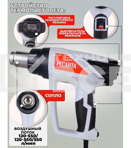 Фен технический Ресанта ФЭ-2000ЭКД 2000Вт темп.50/70-600С