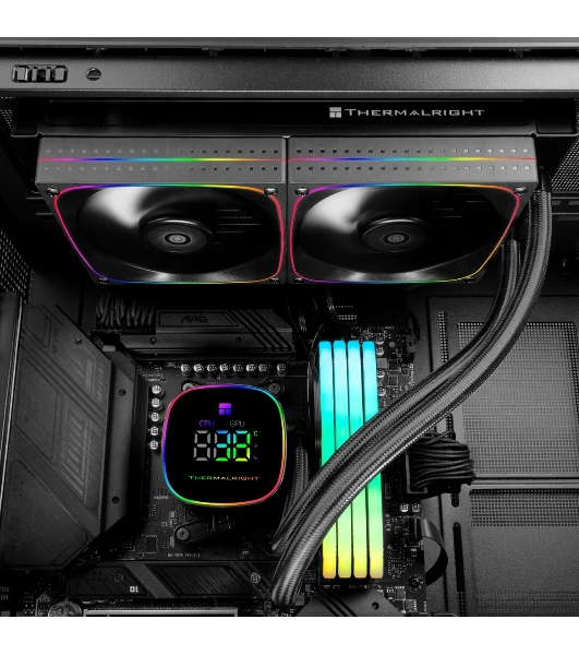 Система жидкостного охлаждения Thermalright Frozen Horizon 240 Digital (240мм, LED temp., Black, ARGB/Fans: 2x120мм, 68.9CFM, 28.2dBA, 2000RPM/Pump height 53.2мм, Rad thickness 27мм/S: 1700, 1200, 1851, 115X, AM5, AM4)
