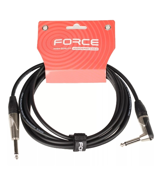 Кабель гитарный FORCE FGC-09/3L1/4' TS Jack - 1/4' TS Jack угловой, высококачественный, малошумящий с проводниками из безкислородной меди OFC, диаметр 6 мм, профессиональные металлические разъемы, длина 3 м, цвет черный