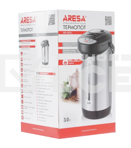 Термопот Aresa AR-4001 '230 В, 50 Гц, 650 Вт, Объем: 3 л Мощность: 650 Вт, Материал корпуса: нержавеющая сталь Материал колбы: нержавеющая сталь Закрытый нагревательный элемент Механическая помпа Поддержание температуры Индикатор уровня воды Индикация режима работы Электронное управление Длина шнура: 1 м 2 температурных режима Блокировка крышки Автоматическое отключение при закипании Защита от перегрева и включения без воды Съемная крышка Съемный шнур Ручка для переноски'