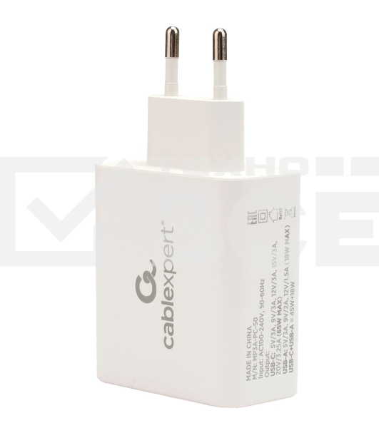 Зарядное устройство Cablexpert MP3A-PC-50, 65Вт GaN, быстрая зарядка QC4.0/PD3.0, 2 порта: USB и Type-C, белый, коробка