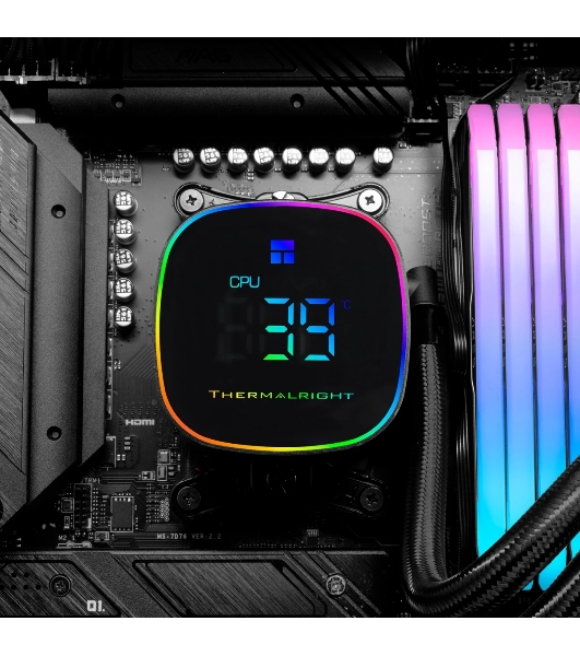 Система жидкостного охлаждения Thermalright Frozen Horizon 240 Digital (240мм, LED temp., Black, ARGB/Fans: 2x120мм, 68.9CFM, 28.2dBA, 2000RPM/Pump height 53.2мм, Rad thickness 27мм/S: 1700, 1200, 1851, 115X, AM5, AM4)