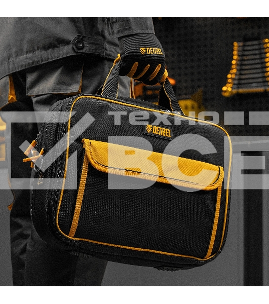 Сумка для инструмента Denzel 400х170х300 мм, 3 отделения, 28 карманов, наплечный ремень