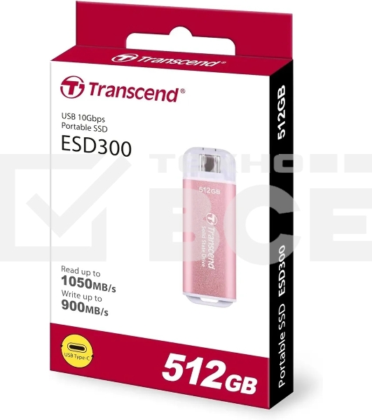 Внешний накопитель SSD Transcend 512Gb ESD300 <TS512GESD300S> (USB3.2 gen 2, Type C, 1050/950Mbs, 3D NAND, 60x20x7.8mm, 9g) розовый