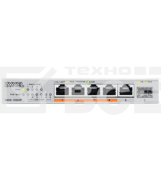 Коммутатор Zyxel XMG-105HP-EU0101F (L2) 5x2.5Гбит/с 1SFP+ 4PoE++ 70W неуправляемый