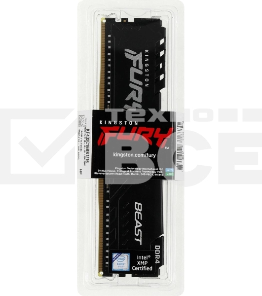 Оперативная память Kingston Fury Beast, DDR4, 16GB (1x16GB), 3200MHz, CL16, DIMM, с радиатором, черный