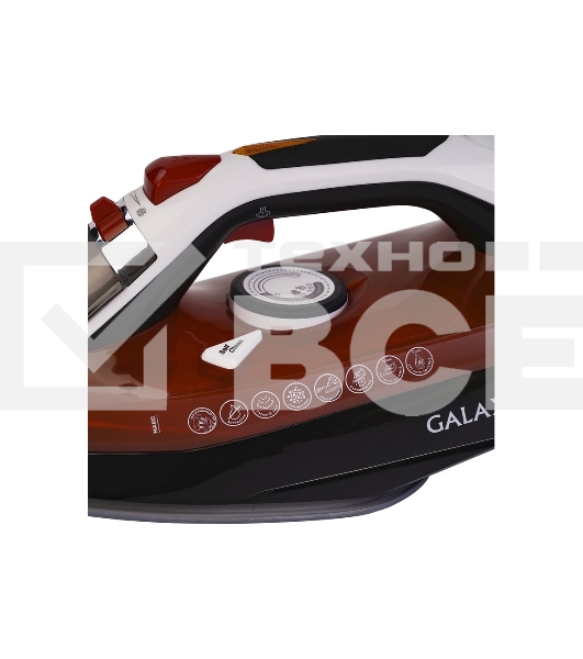 Утюг Galaxy GL 6131, оранжевый, паровой, 2500 Вт, подача пара до 50 г/мин, паровой удар до 230 г/мин, функции: автоотключение, самоочистка, антикапля, антинакипь, функция увлажнения, вертикальное отпаривание, керамическое покрытие подошвы, защита от перегрева, индикатор нагрева, резервуар для воды 370 мл