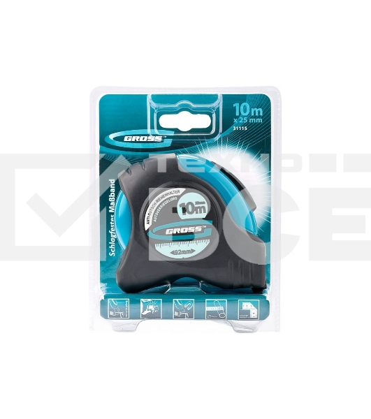 Рулетка Gross 31115 ''schlagfest'' 10м x 25мм магн. обрез зацеп двухст. шкала автоматич. фиксация